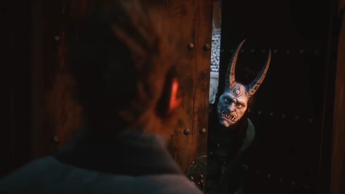 Black Myth Wukong preload date: A person in a mask poking their head around an open door.