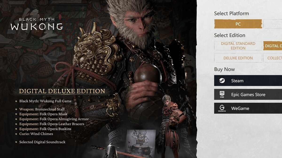 Is Black Myth Wukong Deluxe Edition worth it: Sun Wukong holding a gourd with text showing the bonuses included in the Digital Deluxe Edition imposed over him.