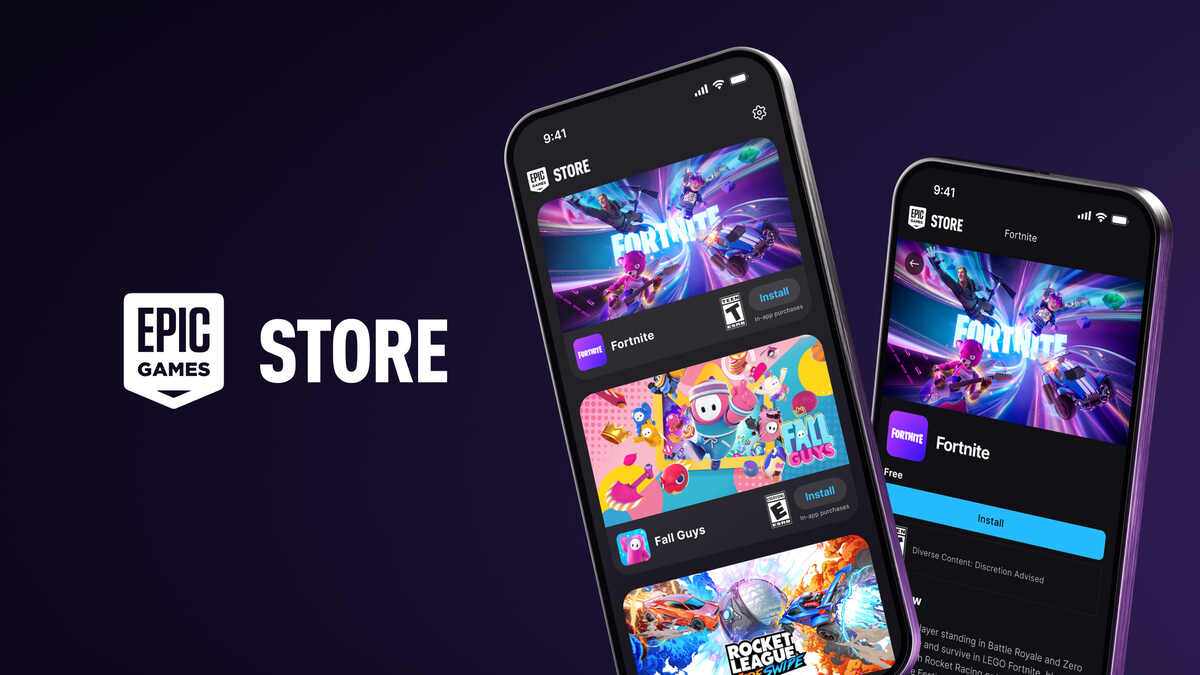 Fortnite how to download on iOS and Android: Two cell phones displaying Fortnite on the Epic Games Store with the store logo to the left of them.