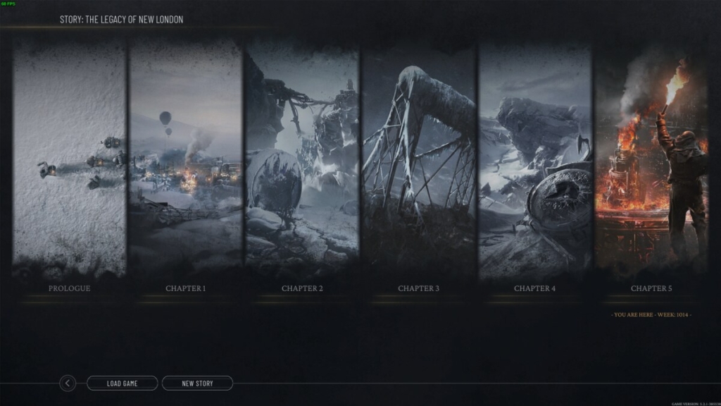 Frostpunk 2 chapter list: story mode chapter select screen.
