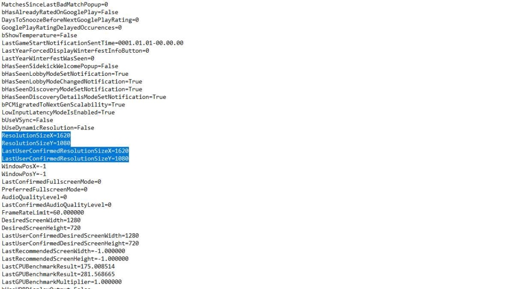 Best Fortnite stretched resolutions: A text file showing a Fortnite config.