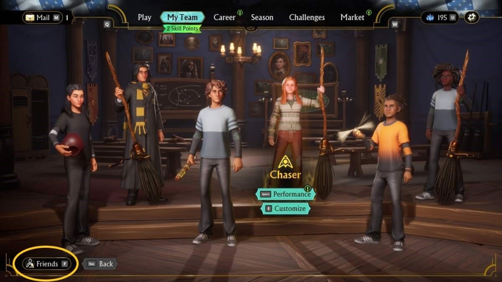 Harry Potter Quidditch Champions multiplayer: The 'My Team' tab showing a set of quidditch players.