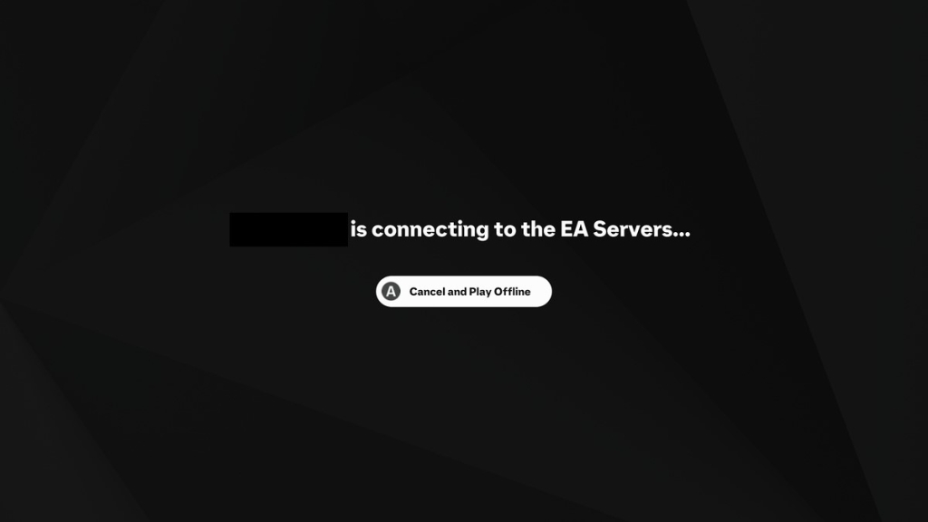 FC 25 how to play online: A black screen with a message showing a player connecting to the EA Servers.