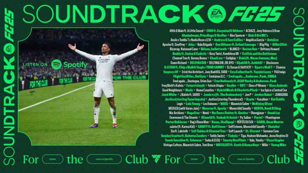 FC 25 soundtrack: Jude Bellingham celebrating next to a list of artists featured on the FC 25 soundtrack