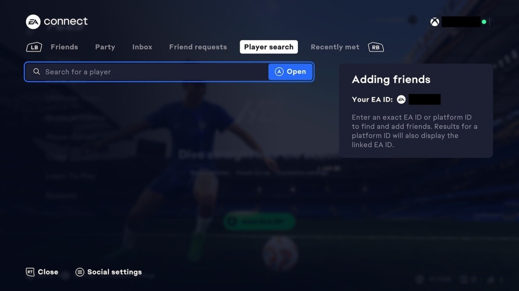 FC 25 how to play with friends: The EA Social Hub menu showing the 'Player search' tab.