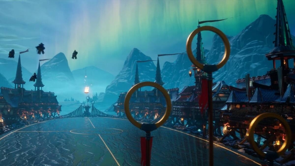 Harry Potter Quidditch Champions maps: The goalposts of a quidditch pitch in an icy region with an aurora overhead.