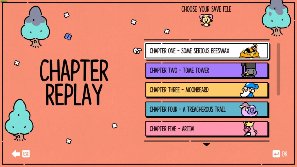 The Plucky Squire chapter list: chapter replay screen.