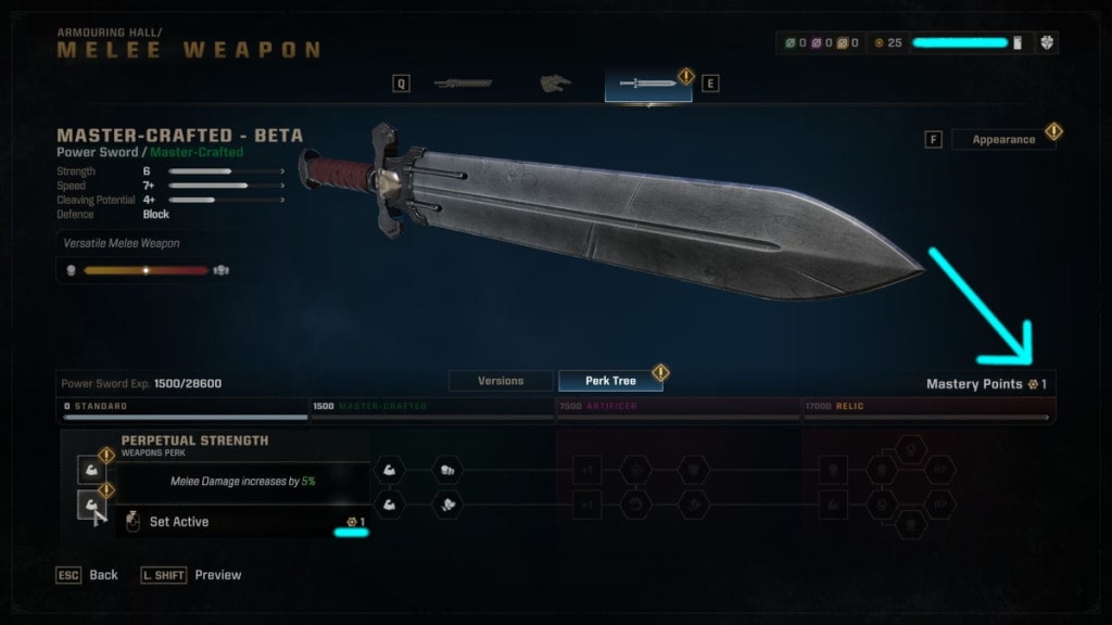 Picture of the weapon mastery points system and the perks.