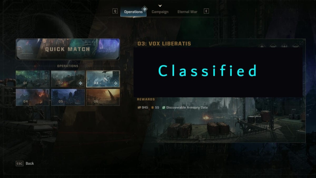 Picture of the Operations game mode menu in Space Marine 2.